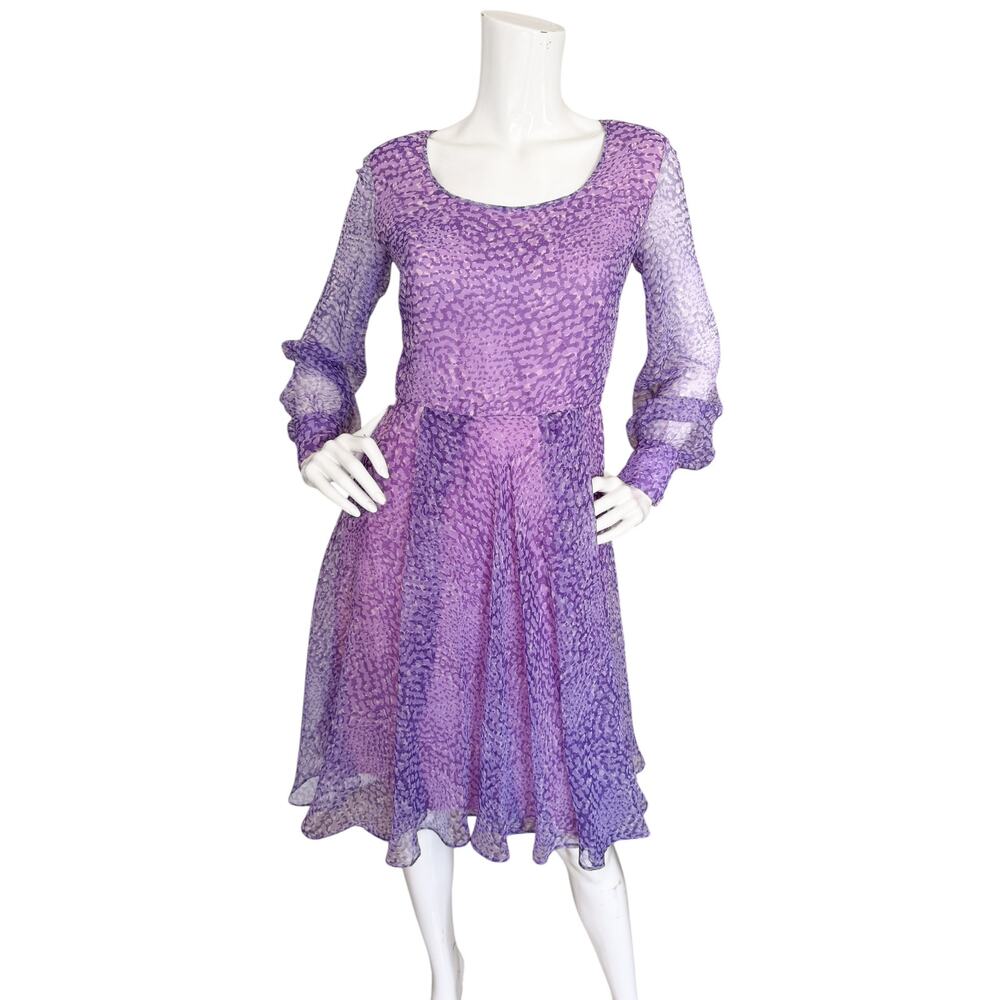 Vintage 70s Adele Simpson Purple Chiffon Fit n Flare Dress Cocktail Dress Small
